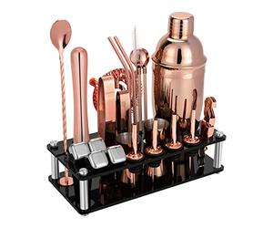KinGrow 23 Piece Cocktail Shaker Set Bartender Kit with Acrylic Stand & Cocktail Recipes Booklet, Professional Bar Tools for Drink Mixing, Home, Bar, Party (Include 4 Whiskey Stones) - Gold Rose