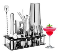 KINGROW Cocktail Making Kit, 23 Piece Bartender Kit with Stand Silver | Boston cocktail set prevents rust and leaks, dishwasher safe, 4 whiskey stones, for bar party gift, recipe book for beginners