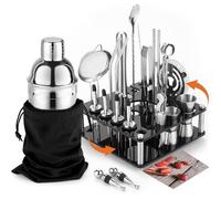 KINGROW Mixology Cocktail Shaker Set - Complete 29-Piece Bartender Kit and Bar Tools with Acrylic Rotating Stand, Professional Bar Set for Drink Mixing, Home, Bar, Party (Sliver)