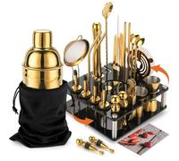 KINGROW Mixology Cocktail Shaker Set - Complete 29-Piece Bartender Kit and Bar Tools with Acrylic Rotating Stand, Professional Bar Set for Drink Mixing, Home, Bar, Party (Gold)