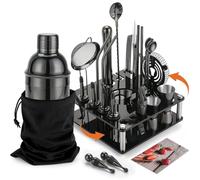 KINGROW Mixology Cocktail Shaker Set - Complete 29-Piece Bartender Kit and Bar Tools with Acrylic Rotating Stand, Professional Bar Set for Drink Mixing, Home, Bar, Party (Black)
