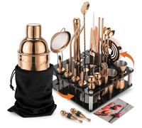 KINGROW Mixology Cocktail Shaker Set - Complete 29-Piece Bartender Kit and Bar Tools with Acrylic Rotating Stand, Professional Bar Set for Drink Mixing, Home, Bar, Party (Gold Rose)