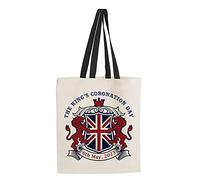Kings Coronation 2023, Official Emblem, King Charles III Commemorative, His Majesty, The King Royal Memorabilia Gifts Shoulder Bag Shopping Tote Bag Cotton Shopping Bag. (Black Handle)