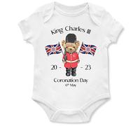 Kings Coronation Boys Babygrow Baby Boy Girl King Charles London Bus Union Jack 2023 Vest, 6-12 Months, White