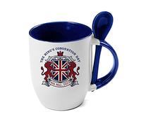 Kings Coronation Mug 2023, Official Emblem Mug, King Charles III Commemorative, Souvenir Gift, His Majesty, The King Royal Memorabilia Gifts Coffee, Tea Mug Unique Spoon Ceramic Mug. (Blue)