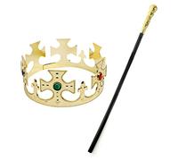 King's Crown and Cane Accessory Set - Gold King's Crown with Attached Jewels and Black Cane with Gold Topper - King's Street Party Fancy Dress Costume Accessory Set VE DAY COMMONWEALTH