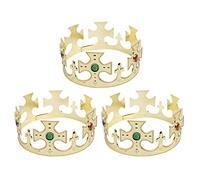 King's Crown - Pack of 3 - Golden Plastic Crown with Attached Jewels - King's Street Party Fancy Dress Costume Accessory VE DAY COMMONWEALTH
