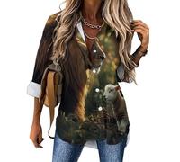 Kings Lion And Sheep Women's V Neck Shirts Long Sleeve T Shirts Button Down Tee Tops Casual Blouse L