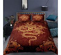 Kingsize Duvet Cover Sets Chinese Dragon Design with Red Belt, Cosy Microfiber King size bedding Set 90x86 Inch with Zipper Closure Contain 2 Pillowcase 19x29 Inch