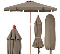 Kingsleeve® 3.3m Wooden Parasol with UV Protection 80+ and Protective Cover | Large 330cm Round Garden Patio Sun Umbrella | Water-Repellent Windproof | Cable Pull Stable | Taupe