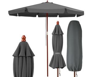 Kingsleeve® 3.3m Wooden Parasol with UV Protection 80+ and Protective Cover | Large 330cm Round Garden Patio Sun Umbrella | Water-Repellent Windproof | Cable Pull Stable | Anthracite