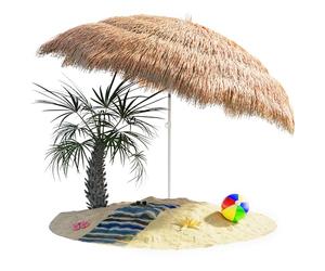 Kingsleeve® Hawaii Garden Parasol | 1.9m Height | 1.6m Diameter | UV30+ Protection | Tiltable | Height-Adjustable | Ground Spike | Large Round Straw Raffia Tiki Hut Thatch Umbrella | Natural