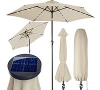 Kingsleeve® Miami 2.7m Aluminium Garden Parasol with UV80+ Protection, LED Solar Lighting and Protective Cover | 270cm Large Balcony Patio Umbrella | Hexagonal Round Tiltable | Beige
