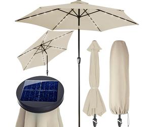 Kingsleeve® Miami 2.7m Aluminium Garden Parasol with UV80+ Protection, LED Solar Lighting and Protective Cover | 270cm Large Balcony Patio Umbrella | Hexagonal Round Tiltable | Beige