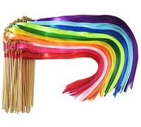 Kingsnow 100 Pieces Multi-Color Ribbon Wands Streamers Sticks with Gold Bell, Chromatic Silk Wish Wands Fairy Stick Party Rhythm Ribbon Streamers for Wedding Send Off Bridal Shower Party Photo Props