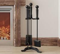 Kingson 4-Piece Black Iron Fireplace Tool Set - Includes Brush, Shovel, Poker & Stand - Compact Fireside Companion Set for Wood Burners & Open Fires
