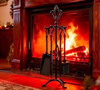 Kingson 5-Piece Cast Iron Fireplace Companion Set - Black Finish - Includes Poker, Tongs, Brush, Shovel & Stand - Fireside Tool Set for Traditional Open Fireplaces - 53cm Tall