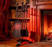 Kingson Black 4-Piece Fireplace Companion Set Cast Iron Handle and Stand 19.5x17x47cm Log Burner Accessories Complete Fireside Tool Kit