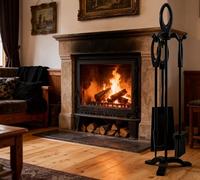 Kingson Cast Iron Fireplace Companion Set - 4-Piece Fireside Tool Set with Brush, Shovel, Poker & Stand - Sturdy Traditional Design - Height 63.5cm - Black Iron Finish