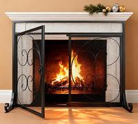 Kingson Fireplace Screen with Hinged Doors Magnetic 2 Panels Sturdy Steel Frame Durable Metal Mesh Decorative Free Standing Fireplace Spark Guard- Black
