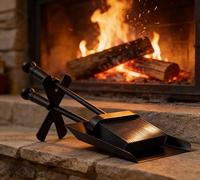 Kingson Fireplace Shovel and Brush Set with Stand - Black Steel Fire Tidy Companion Tool Set - Modern Hearth Cleaning Set - Compact 38cm Length - Decorative and Functional