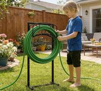 Kingson Portable Garden Hose Holder with Storage Basket - Heavy-Duty Freestanding Steel Stand, Holds 150FT Hose, Black Powder-Coated Finish, Detachable & Space-Saving Design with Tools