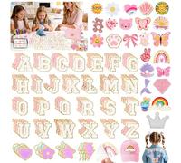 KINGSOW Chenille Letters Adhesive Patches: 146 PCS Pre-Sort Pink&White Fuzzy Alphabet Patch - Cute Iron on Embroidered Patch for Personalizing Jean Jackets Backpacks Lunch Boxes Birthday Gifts
