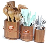 KINGSOW Wooden Utensil Holder Set: 3PCS Acacia Wood Kitchen Countertop Organizer with 360° Rotating Base for Large Family & Cooking Tools - Farmhouse Rustic Decor for Counter