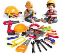 kingsport Kids Construction Builder Hat Costume Yellow Helmet and 37 Pcs Drill Tool Set Toy For Children, Construction Tool Toys with Play Drill Pretend Play Toys, Fancy Dress Theme Party Accessories