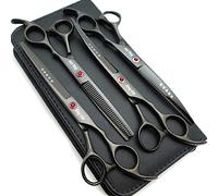 KINGSTAR 7.0in Titanium Black Professional Pet Grooming Scissors Set,Straight & Thinning & Curved Scissors 4pcs Set for Dog Grooming,(Black)