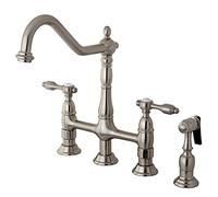 Kingston Brass KS1278TALBS Tudor 8 Inch Center Kitchen Faucet with Brass Sprayer, Satin Nickel, 8-3/4 inch in Spout Reach, Satin Nickel