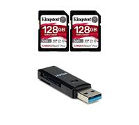 Kingston Canvas React Plus 128GB U3 V90 SDXC UHS-II SD Card (2-Pack) Bundle and 2-in-1 USB 3.0 Memory Card Reader (3 Items)