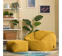 Kingston Cord Adults Bean Bag Chair and Pouffe, Ready Filled Beanbag and Footstool Navy Blue ICON Yellow One Size