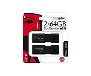 Kingston DT100G3/64GB-2P DataTraveler 100 G3 USB 3.0 USB Flash Drives, 64 GB, Black, Pack of 2