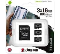Kingston Micro SD 16GB Pack of 3 with SD Adapter Fast 100MB/s Canvas Class 10 UK