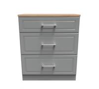 Kingston Ready Assembled Deep Chest of Drawers with 3 Drawers - Dust Grey & Bardolino Oak - Welcome Furniture | TJ Hughes
