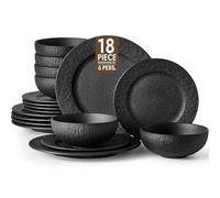 KINGSTONE Black Dinnerware Sets, 18-Piece Matte Marble Pattern Premium Porcelain, Place Setting with Dinner Plate, Salad Plate, Pasta Bowl, Microwave and Dishwasher Safe