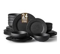 KINGSTONE Black Dinnerware Sets, 24-Piece Matte Marble Pattern Premium Porcelain, Place Setting with Dinner Plate, Salad Plate, Pasta Bowl, Microwave and Dishwasher Safe
