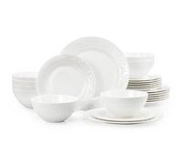 KINGSTONE Bone China Dinnerware Sets, 24-Piece Dishes Set for 8, Vintage Relief Ceramic Plates & Bowls, Luxury Gift, Lightweight Translucent Dishware for Family Dining, Festival Banquet & Party