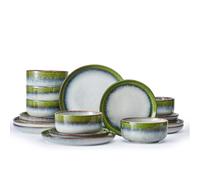 KINGSTONE Stoneware Dinnerware Sets for 6, 18-Piece Reactive Glaze Plates and Bowls Sets, Scratch-Resistant Rustic Ceramic Dish Set for Daily Party Gifts, Microwave Dishwasher Safe, Kiln-Fired Green