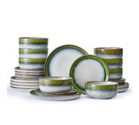 KINGSTONE Stoneware Dinnerware Sets for 8, 24-Piece Reactive Glaze Plates and Bowls Sets, Scratch-Resistant Rustic Ceramic Dish Set for Daily Party Gifts, Microwave Dishwasher Safe, Kiln-Fired Green