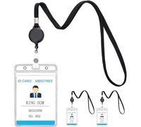 KINGSUM 3 Pack Lanyard with ID Holder Sets - Flat ID Lanyard with Retractable Badge Reel & Heavy Duty Clear Vertical ID Card Name Badge Holder (Black,3 Pack)