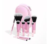 Kingtree Mini Makeup Brushes 10Pcs Travel Makeup Brush Set, Portable ON THE GO Makeup Brushes Set with Pouch, Pink Easy-taken Mini Full Complete Function Cosmetic Brushes Kit for Girls