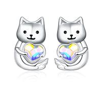 KINGWHYTE Cat Earrings 925 Sterling Silver Cute Animal Earrings Cat Heart Crystal Earrings Cat Stud Earrings Jewellery Gifts for Cat Lovers Women Girls Friends