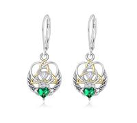 KINGWHYTE Claddagh Earrings for Women 925 Sterling Silver Heart Celtic Emerald Dangle Drop Earrings Irish Jewelry Birthday Gifts for Women Girls