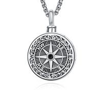 KINGWHYTE Compass Ashes Jewellery for Men Cremation Necklace for Ashes 925 Oxidized Silver Urn Pendant Keepsake Memorial Gift for Men Women with Stainless Pearl Chain -22"+2" inch