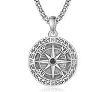 KINGWHYTE Compass Necklace for Men 925 Oxidized Silver Compass Pendant Travel Jewellery Graduation Gifts for Son