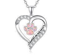 KINGWHYTE Dog Paw Print Necklace for Women 925 Sterling Silver Heart Opal Paw Pendant Always in My Heart Necklace Pink Opal Jewellery for Women Ladies Mama Daughter