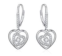 KINGWHYTE Heart Earrings for Women 925 Sterling Silver Drop Earrings Hypoallergenic Double Hearts Leverback Earrings Birthday Christmas Jewellery Gifts for Women