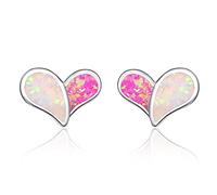 KINGWHYTE Heart Stud Earrings for Women 925 Sterling Silver Opal Stud Earrings Pink and White Opal Jewelry Gifts for Her Wife Girlfriend